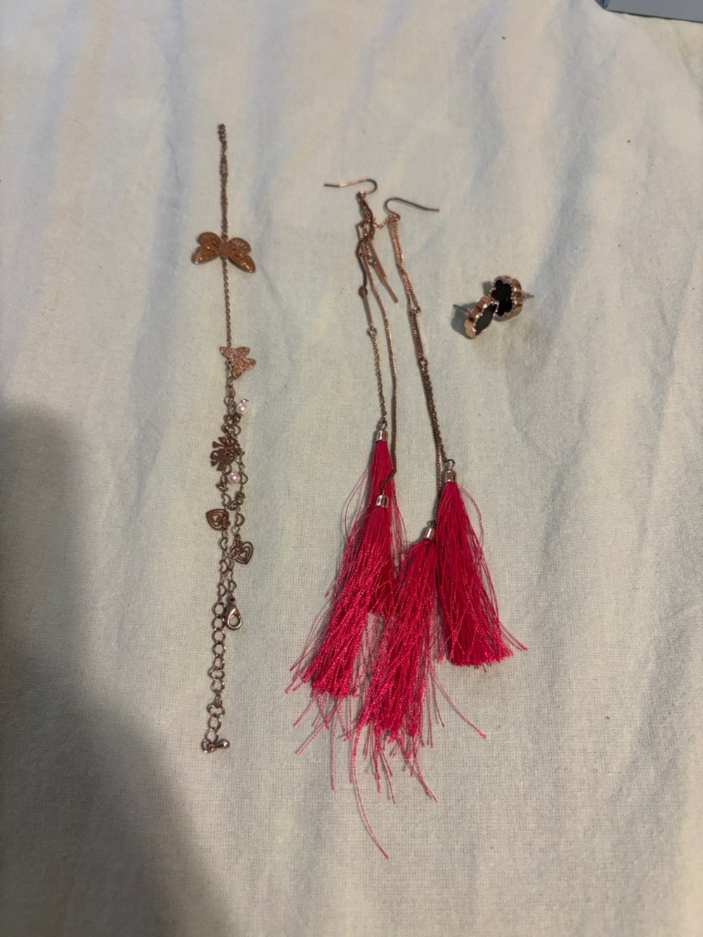 Rose Gold Butterfly Charm Bracelet & Hot Pink Tassel Earrings Set